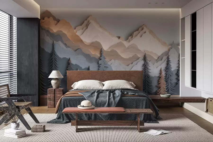 fototapet Peisaj natural cu pini și munți, realizat în stilul sculpturii în lemn w09793