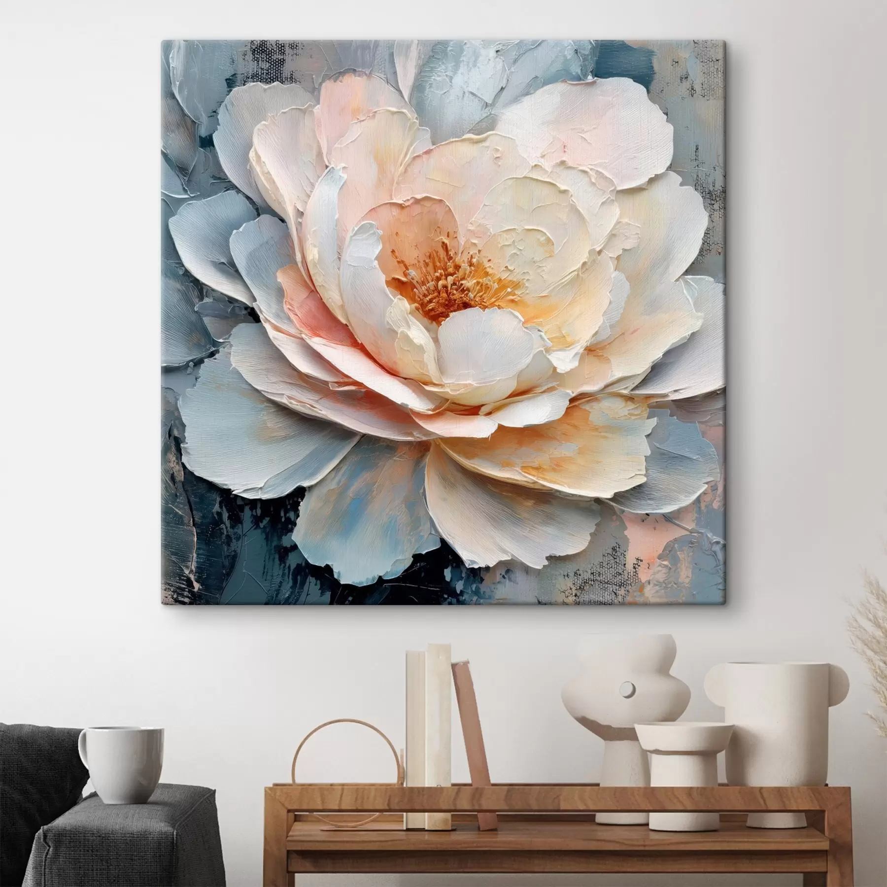 Tablouri Prim-plan al unei flori, realizat cu tușe de pensulă expresive și texturate, în stilul picturii contemporane s48198