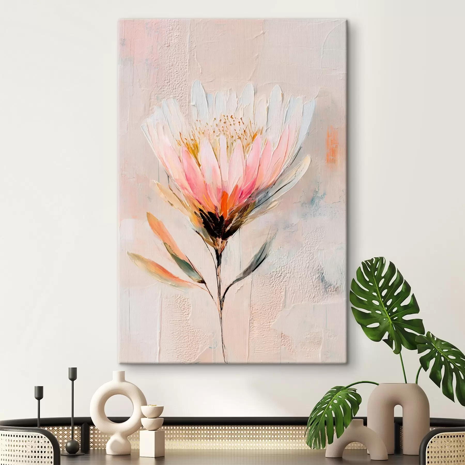 Tablouri Floare de protea în nuanțe delicate de roz, în stil pictură în ulei s48205