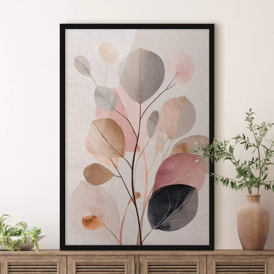 fototapet Ramură abstractă cu frunze rotunde, în nuanțe calde de bej și coral f48187