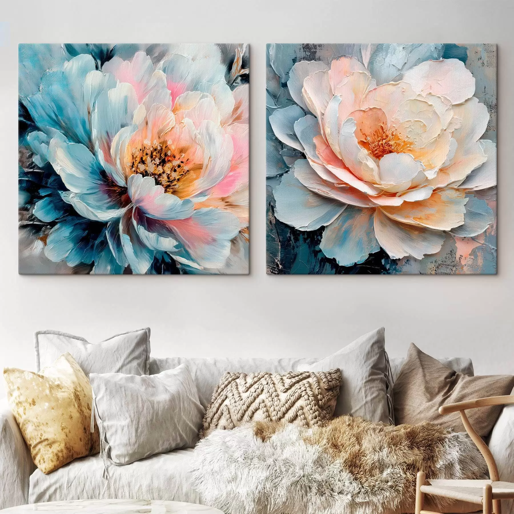 Tablouri Compoziție florală abstractă în nuanțe de roz și albastru, cu petale texturate m30148