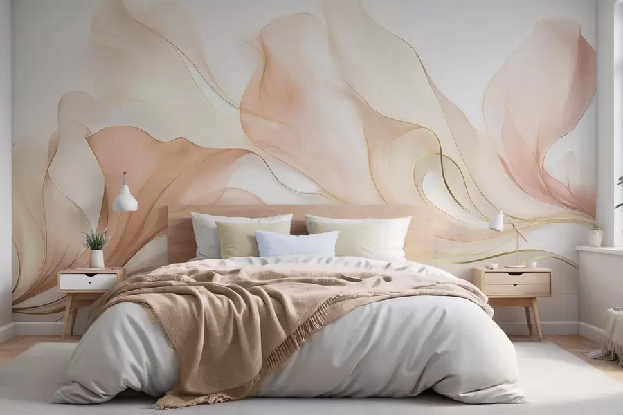 fototapet Textură abstractă, fluidă, în nuanțe de piersică și crem, cu linii delicate w09815