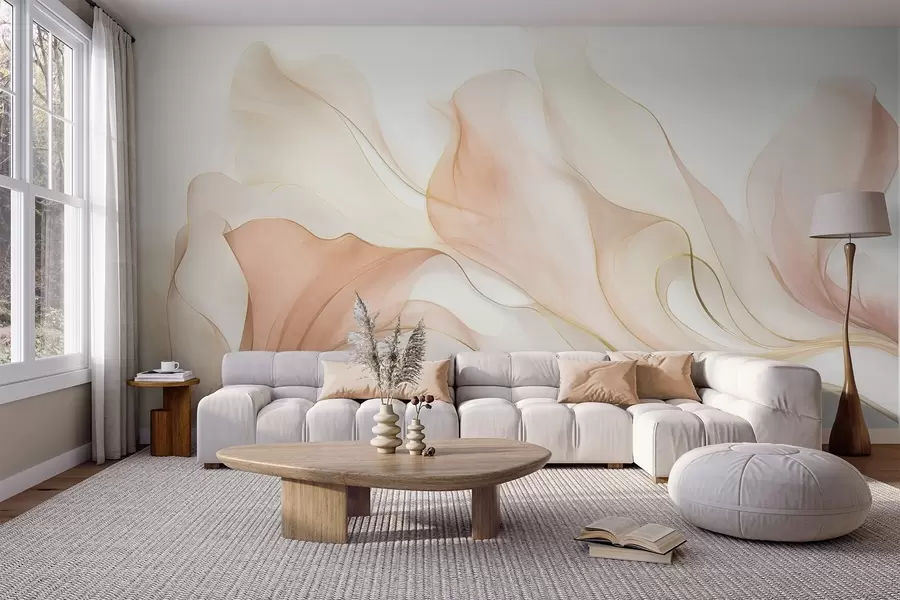 fototapet Textură abstractă, fluidă, în nuanțe de piersică și crem, cu linii delicate w09815