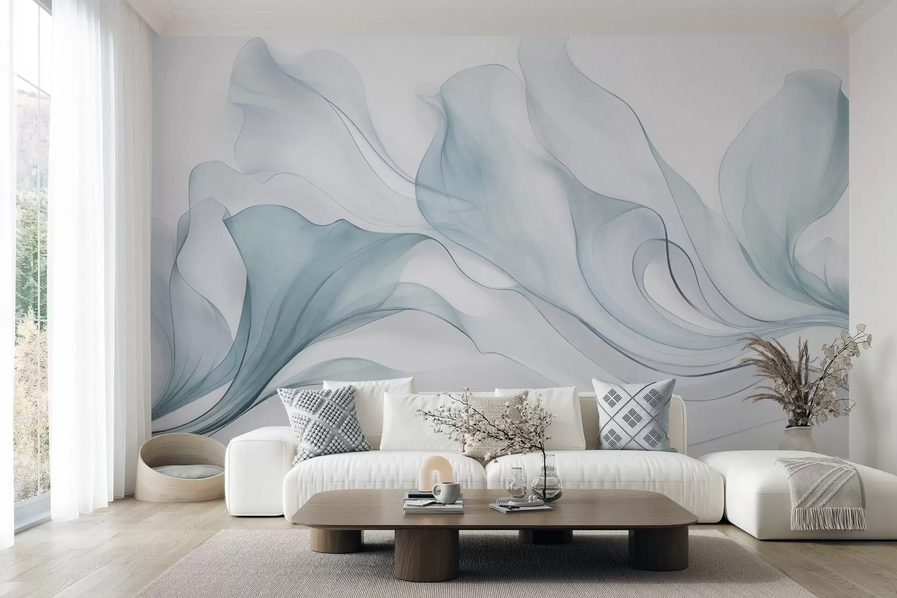 fototapet Textură abstractă, fluidă, în nuanțe de albastru, cu linii delicate w09815v1