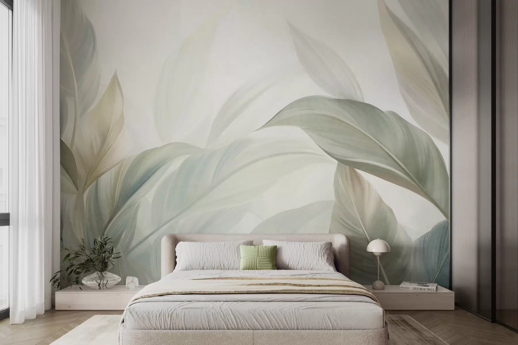 fototapet Frunze tropicale mari, de un verde pal, cu nuanțe delicate, pastelate, și texturi artistice w09816