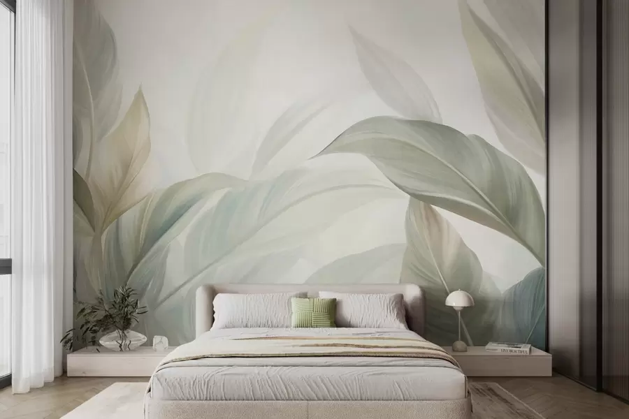 fototapet Frunze tropicale mari, de un verde pal, cu nuanțe delicate, pastelate, și texturi artistice w09816