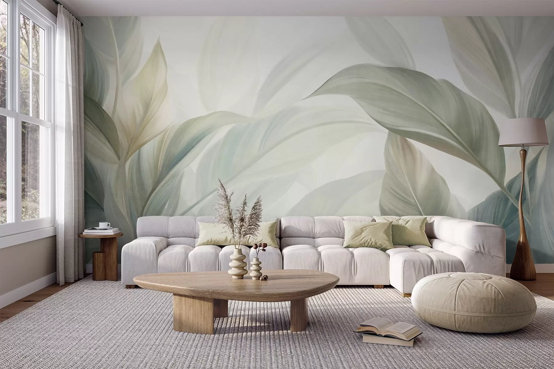 fototapet Frunze tropicale mari, de un verde pal, cu nuanțe delicate, pastelate, și texturi artistice w09816