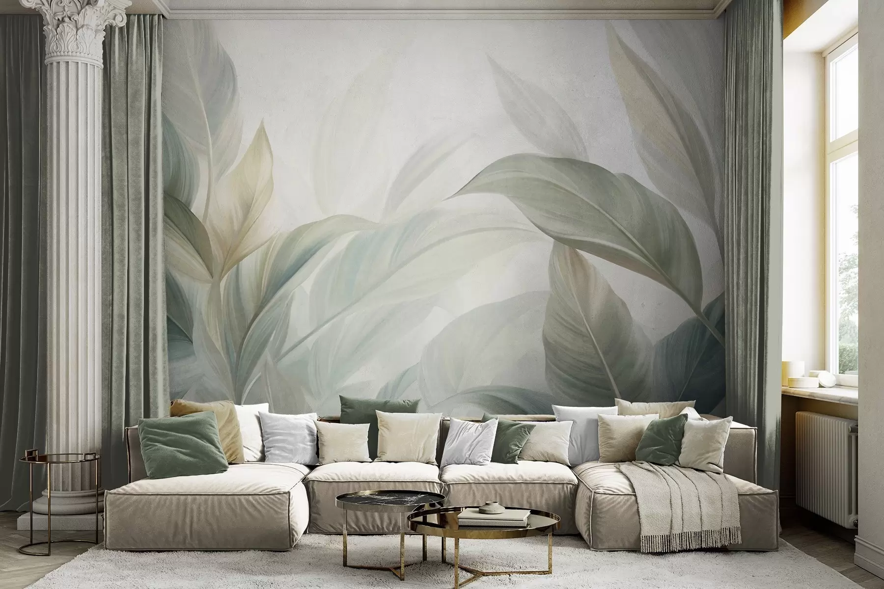 fototapet Frunze tropicale mari, de un verde pal, cu nuanțe delicate, pastelate, și texturi artistice w09816