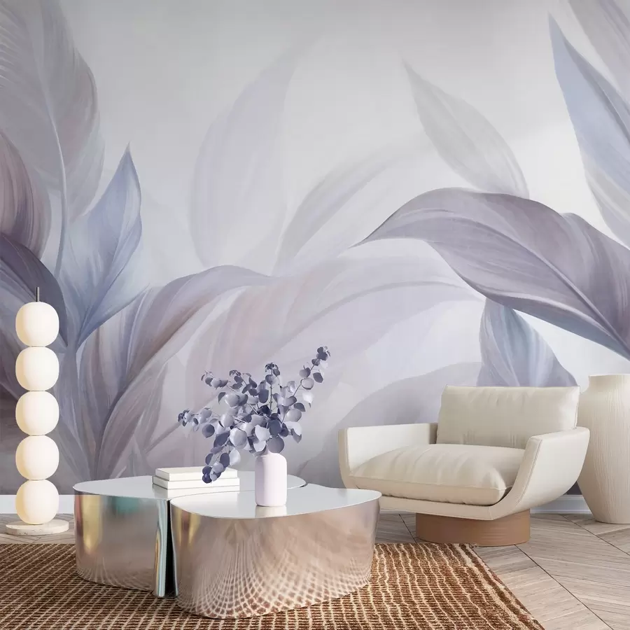 fototapet Frunze tropicale mari, de un albastru pal și violet, cu nuanțe delicate, pastelate, și textură artistică w09816v1