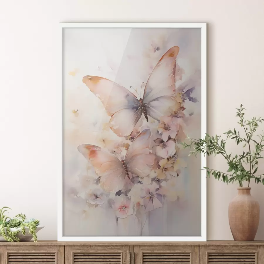 fototapet Flori delicate cu fluturi, în culori pastelate f48563