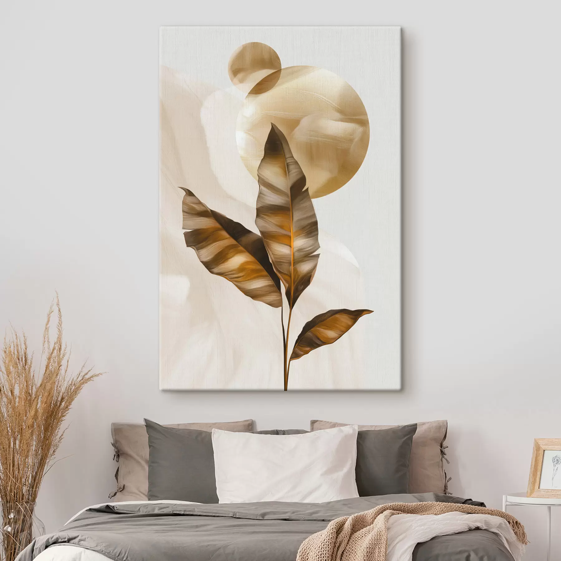 Tablouri O compoziție abstractă din frunze și cercuri s48614