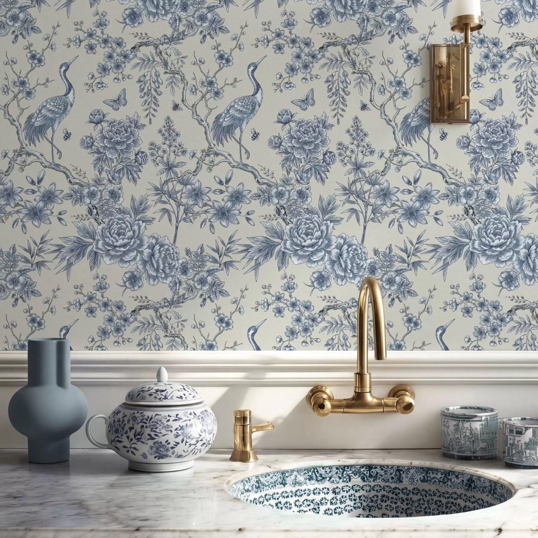 fototapet Ornament floral albastru cu pasăre și ramuri a01132