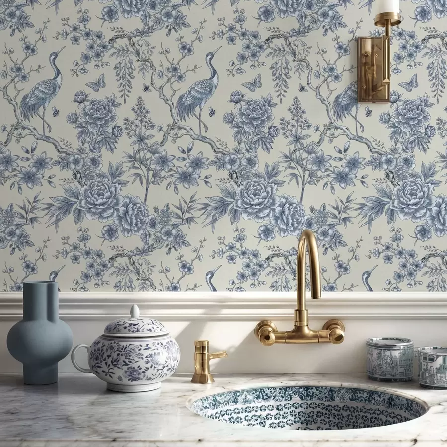 fototapet Ornament floral albastru cu pasăre și ramuri a01132