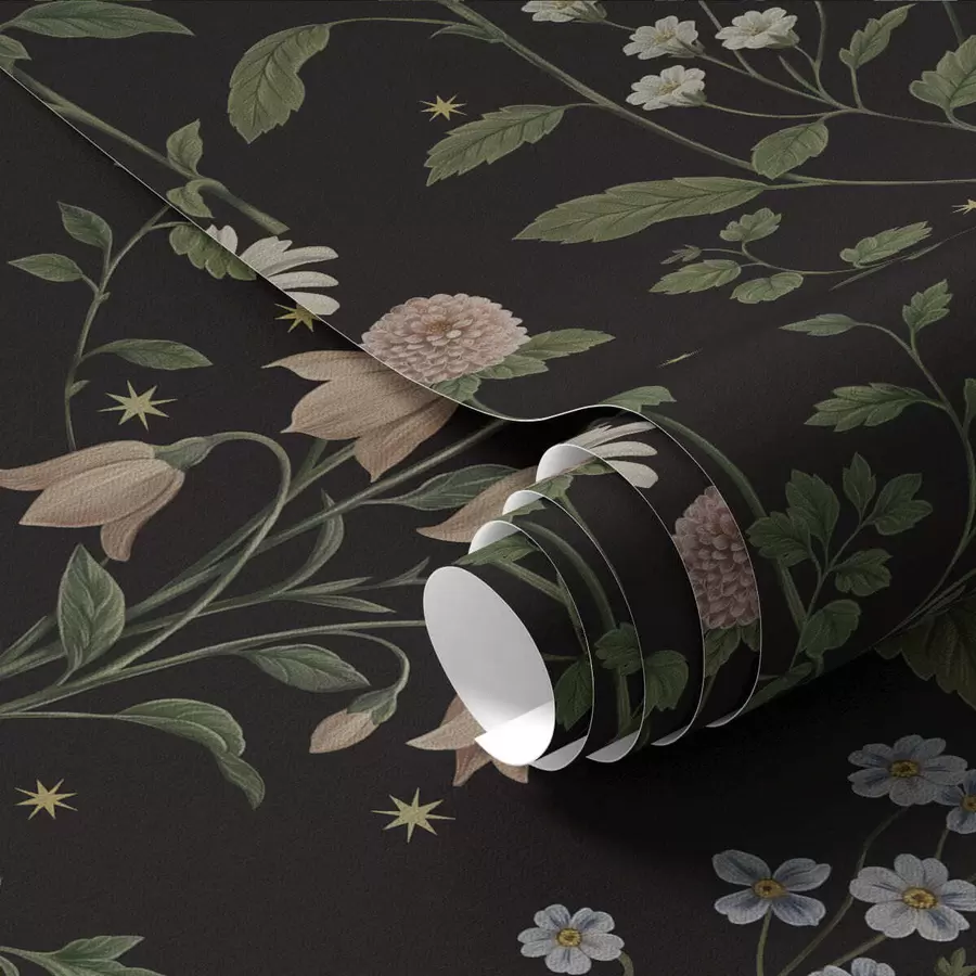 fototapet Motiv floral pe fond negru cu stele a01160