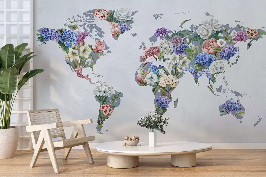 fototapet O hartă colorată a lumii realizată dintr-o varietate de flori în culori vii c00006