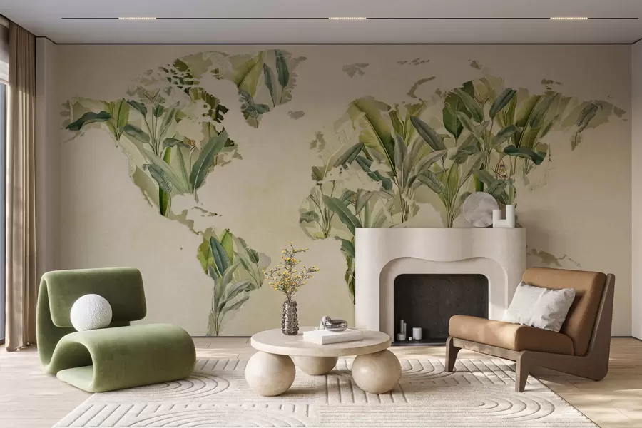 fototapet O hartă verde a lumii realizată din frunze de bananier c00007