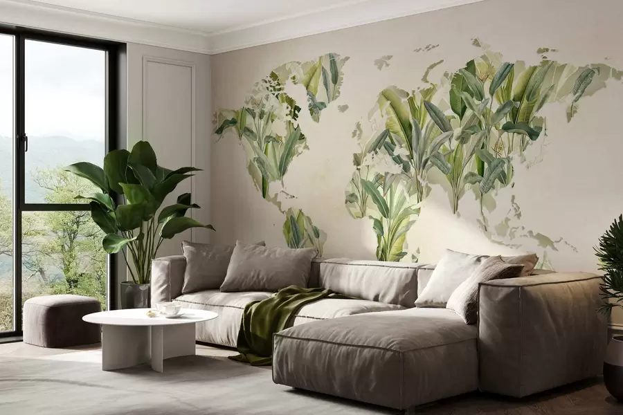 fototapet O hartă verde a lumii realizată din frunze de bananier c00007