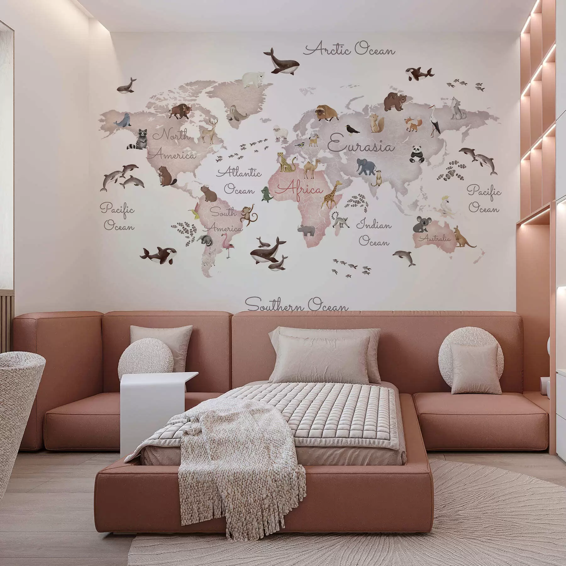 fototapet O hartă în stil acuarelă, de culoare bej, cu animale. Indicații în limba engleză c00012env3