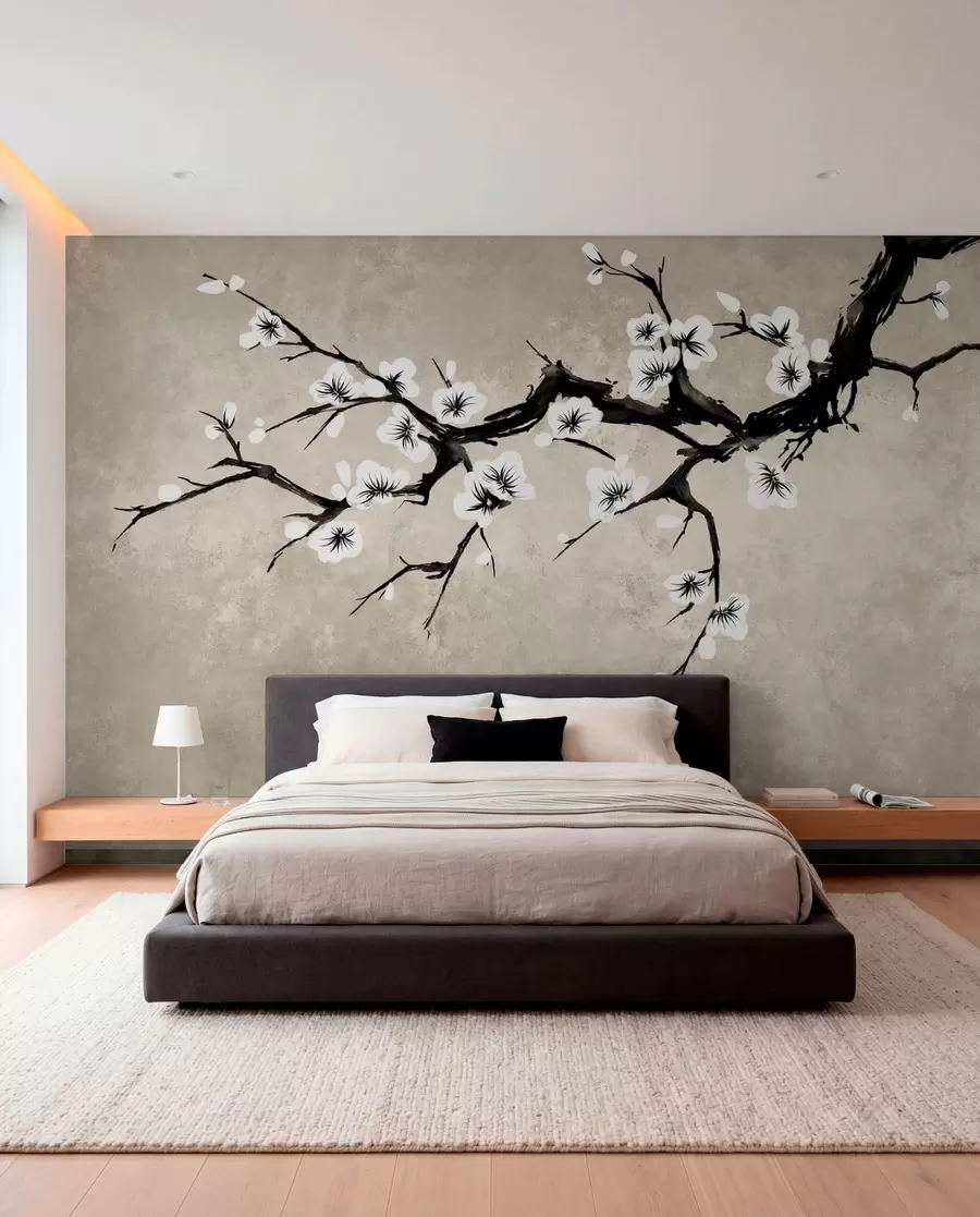 fototapet Ramură cu flori albe, în stil minimalist w05425
