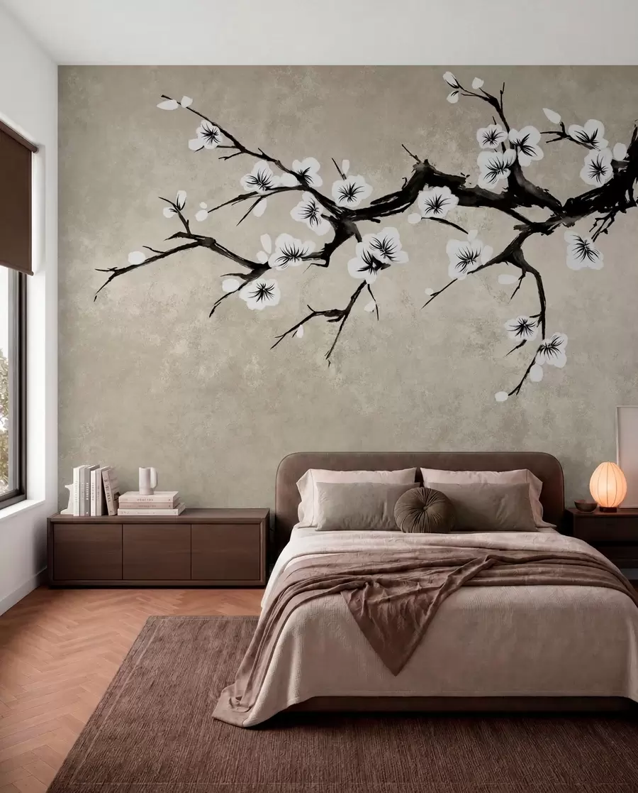 fototapet Ramură cu flori albe, în stil minimalist w05425