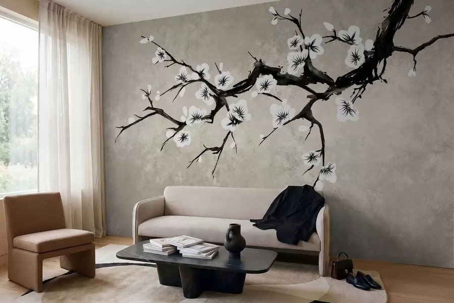 fototapet Ramură cu flori albe, în stil minimalist w05425