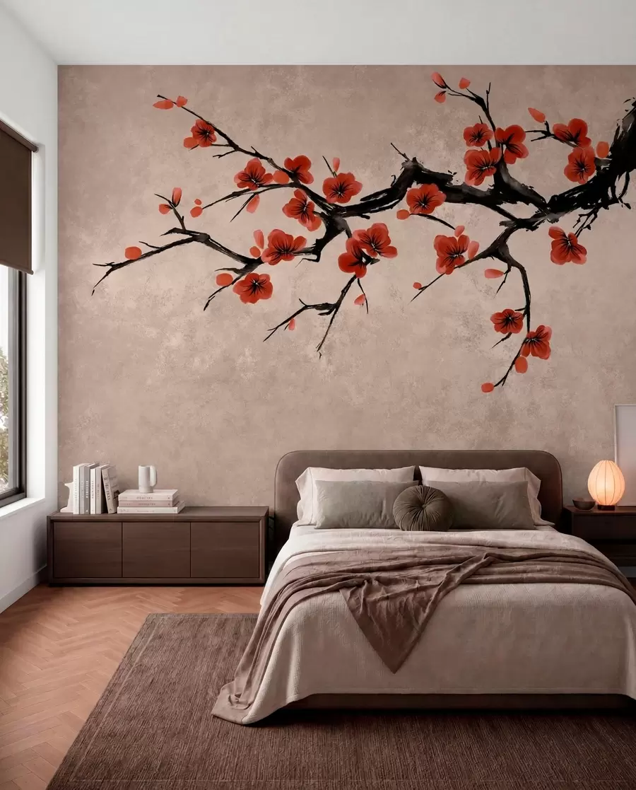 fototapet Ramură înflorită în stil oriental pe fundal bej w05425v4