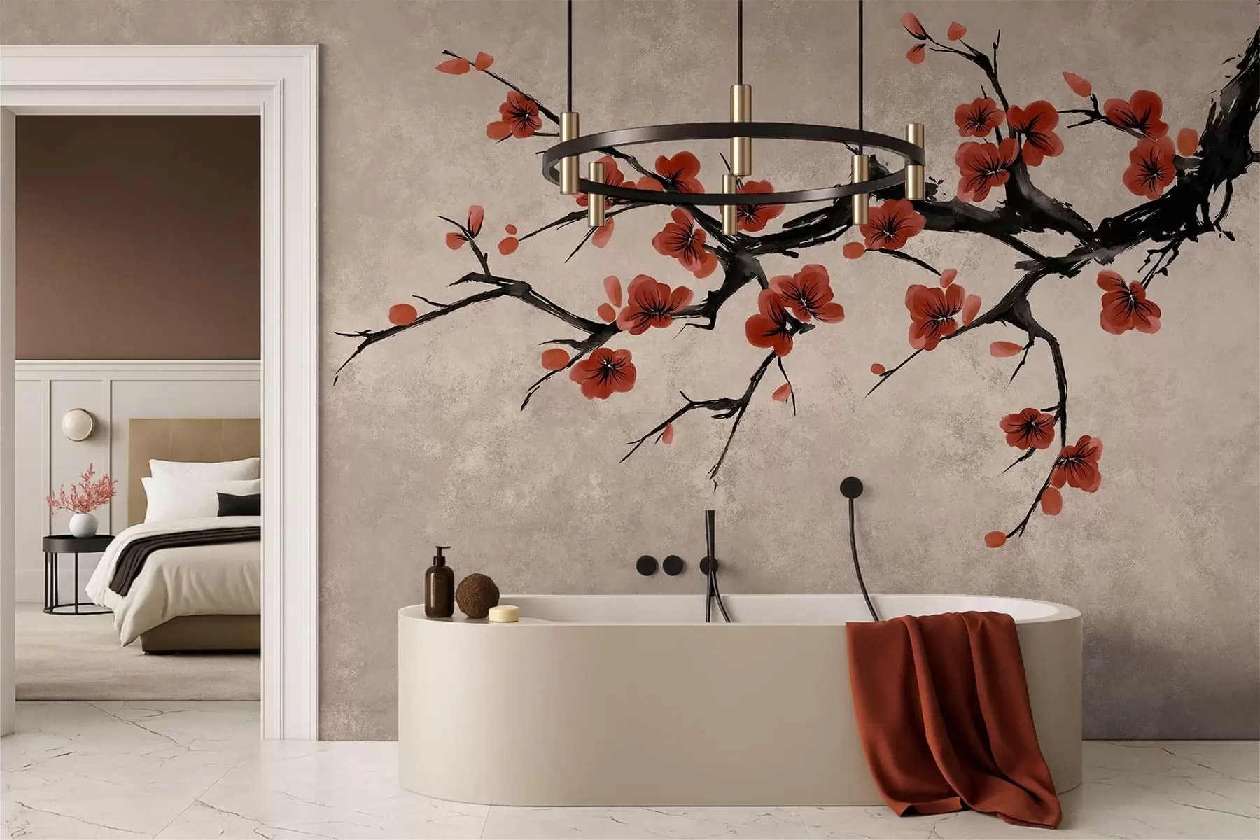 fototapet Ramură înflorită în stil oriental pe fundal bej w05425v4