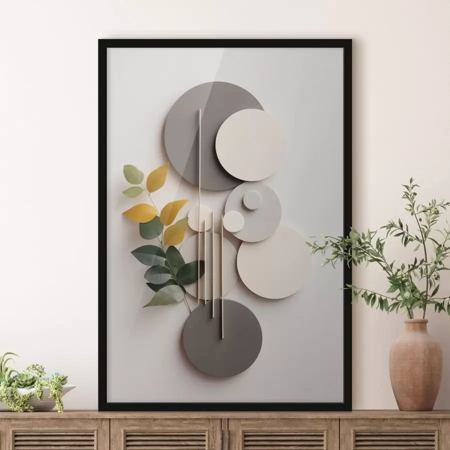 fototapet Cercuri geometrice cu o ramură verde cu frunze f48598