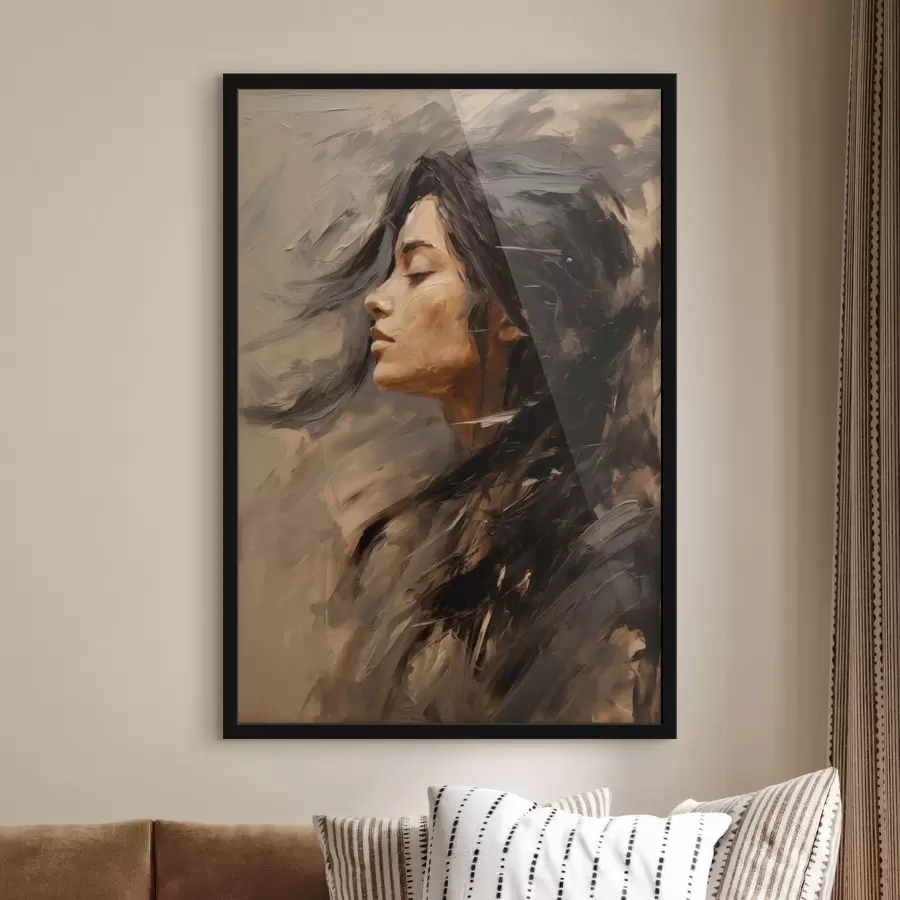 fototapet Profil feminin redat prin tușe picturale, în nuanțe calde f48621