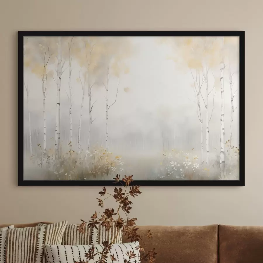 fototapet O pădure de copaci subțiri în ceață, în nuanțe delicate de lumină f48623