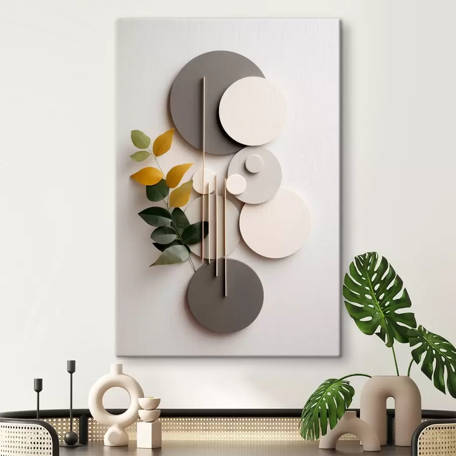 Tablouri Cercuri geometrice cu o ramură verde cu frunze s48598