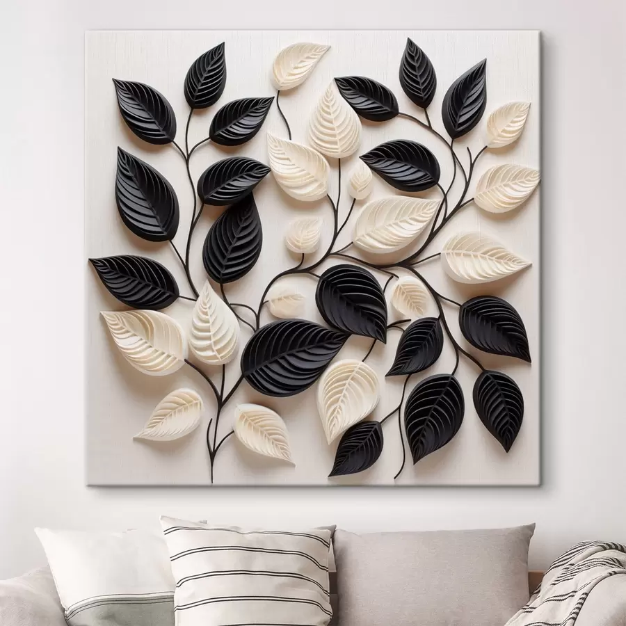 Tablouri Compoziție din frunze negre și deschise la culoare pe ramuri s48606