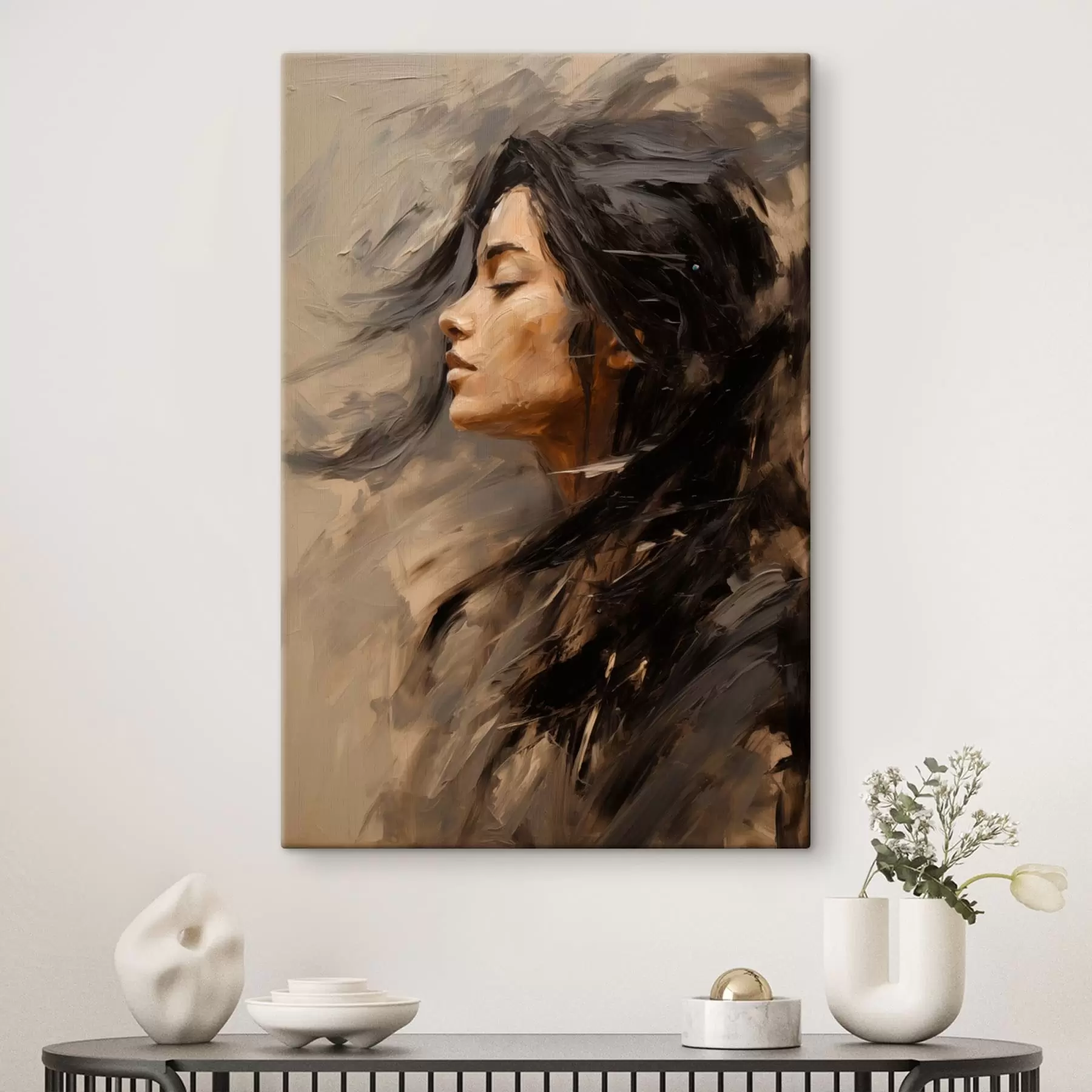 Tablouri Profil feminin redat prin tușe picturale, în nuanțe calde s48621