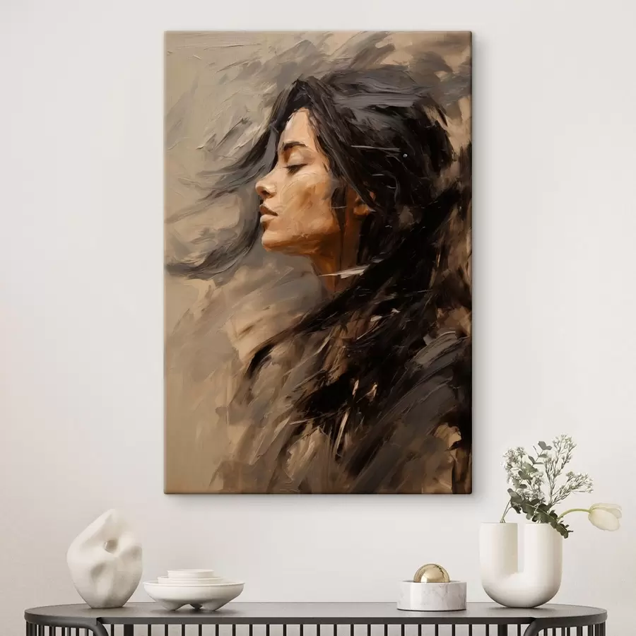 Tablouri Profil feminin redat prin tușe picturale, în nuanțe calde s48621