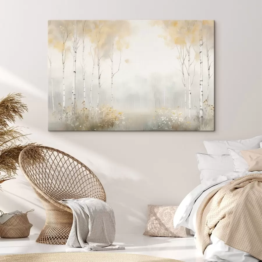 Tablouri O pădure de copaci subțiri în ceață, în nuanțe delicate de lumină s48623