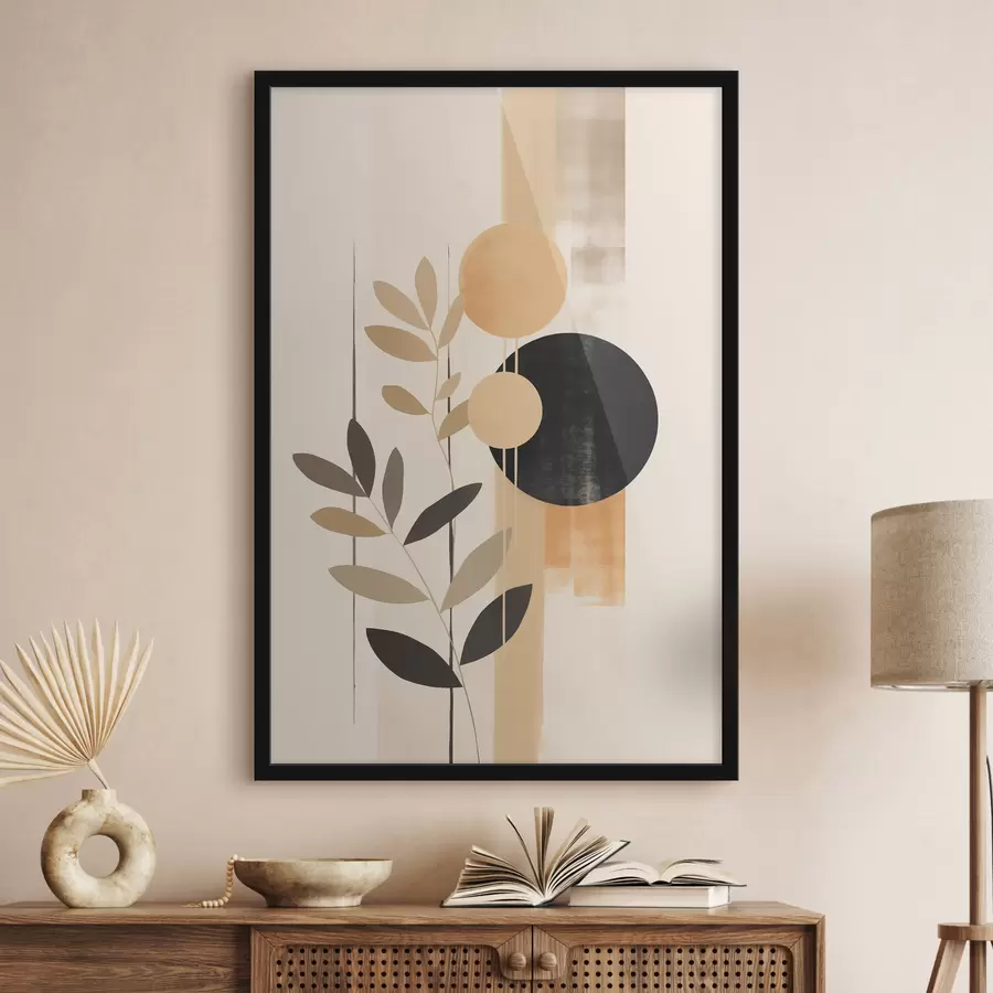 fototapet O compoziție abstractă cu frunze și cercuri f48613