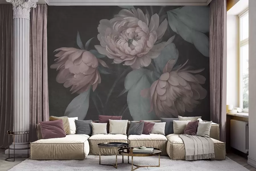 fototapet Buchete de bujori roz deschis, cu textură, și frunze de un verde discret, pe un fundal întunecat w09751v1