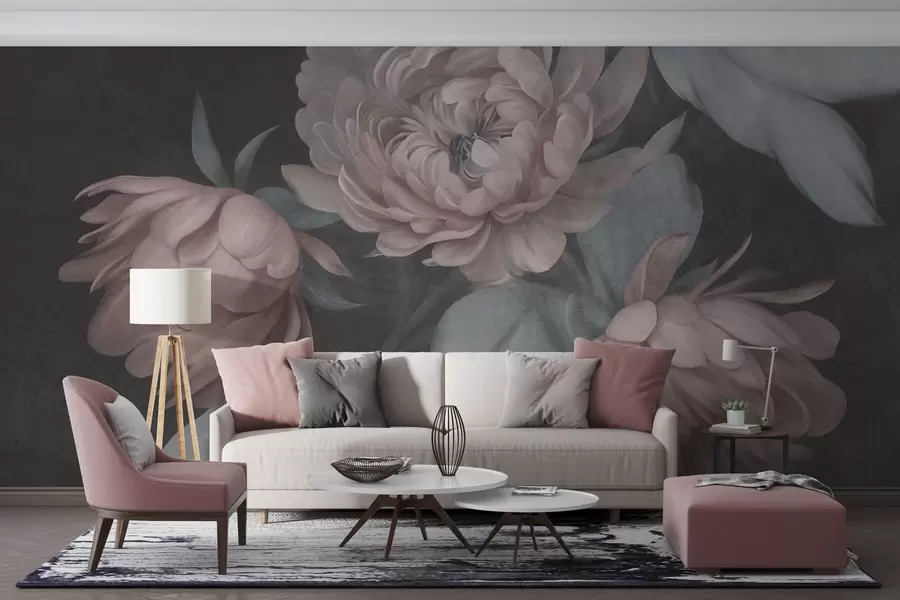 fototapet Buchete de bujori roz deschis, cu textură, și frunze de un verde discret, pe un fundal întunecat w09751v1