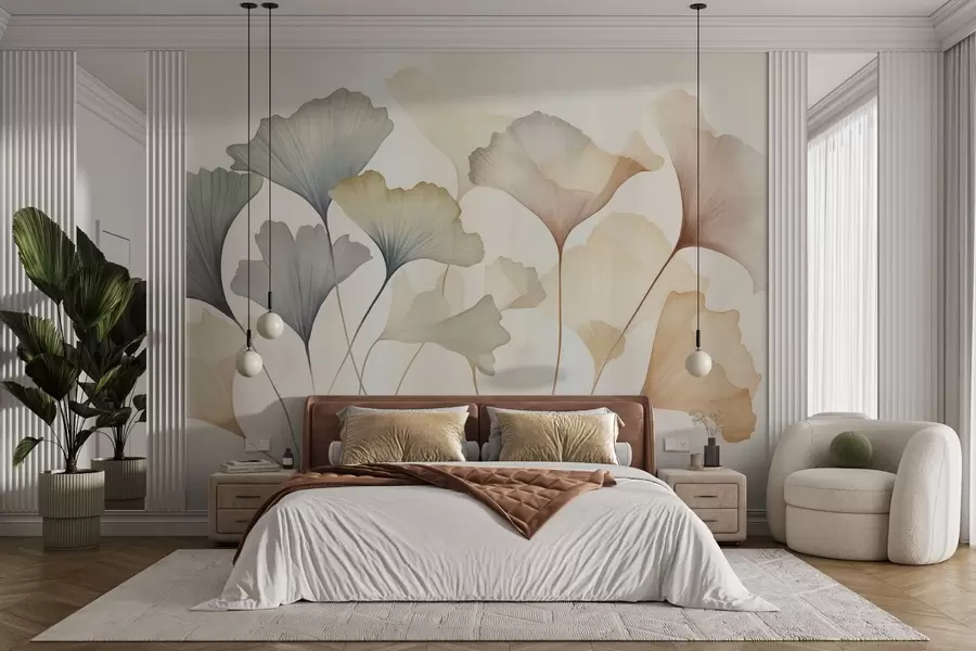 fototapet Frunze de ginkgo abstractizate, în nuanțe pastelate discrete precum albastru, verde și piersic, lucrare artistică cu textură w09810