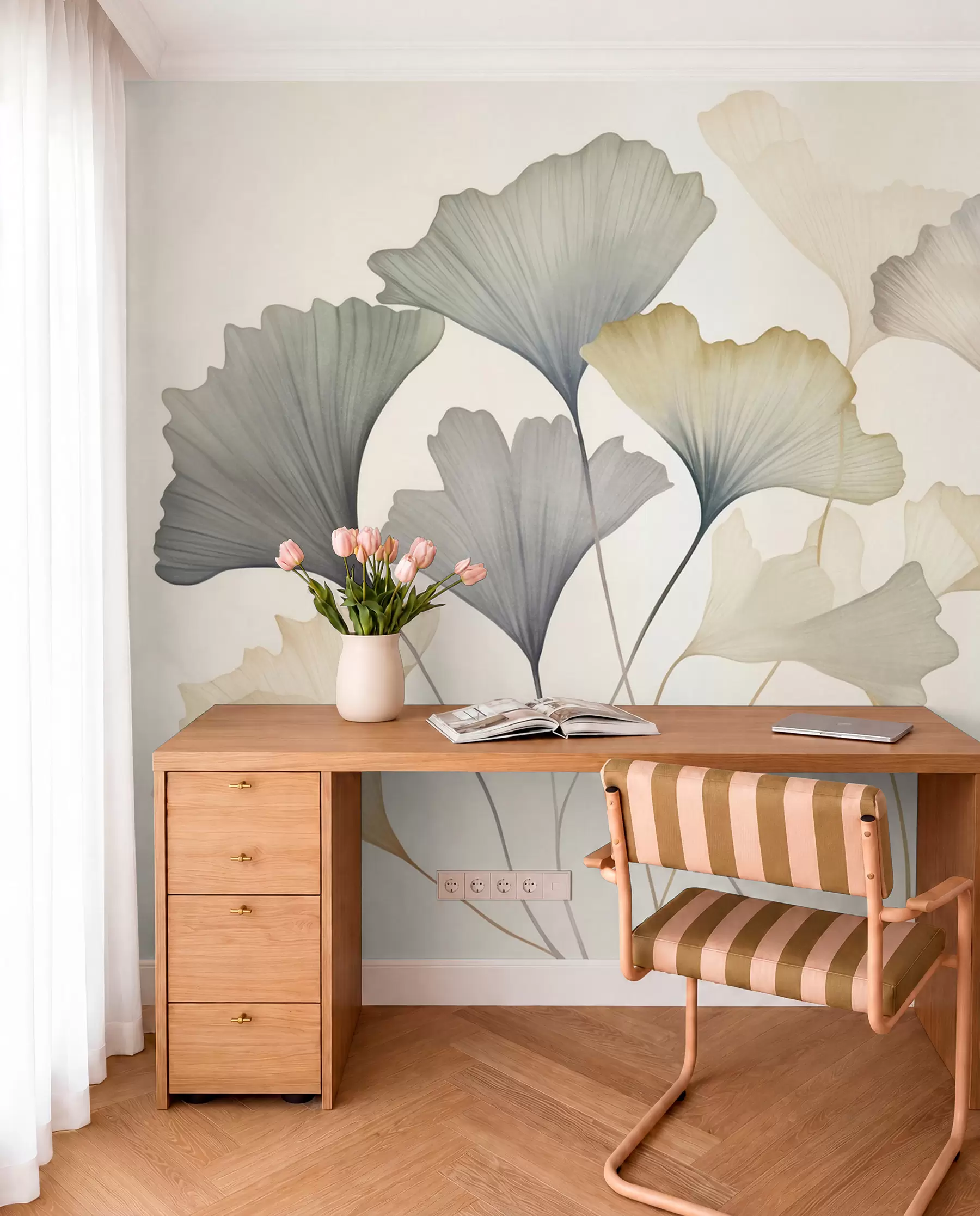 fototapet Frunze de ginkgo abstractizate, în nuanțe pastelate discrete precum albastru, verde și piersic, lucrare artistică cu textură w09810