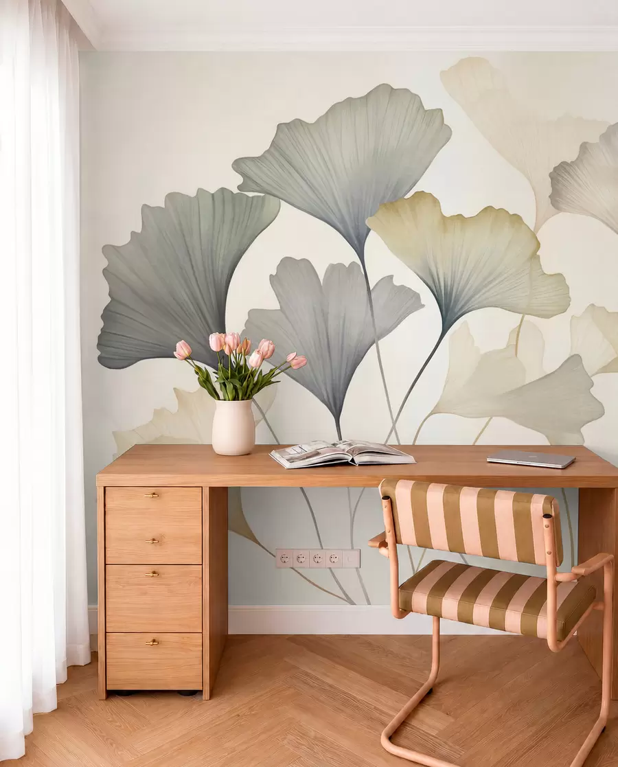 fototapet Frunze de ginkgo abstractizate, în nuanțe pastelate discrete precum albastru, verde și piersic, lucrare artistică cu textură w09810