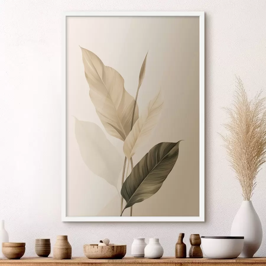 fototapet Frunze tropicale mari, în nuanțe de bej și maro, pe un fundal deschis f48725