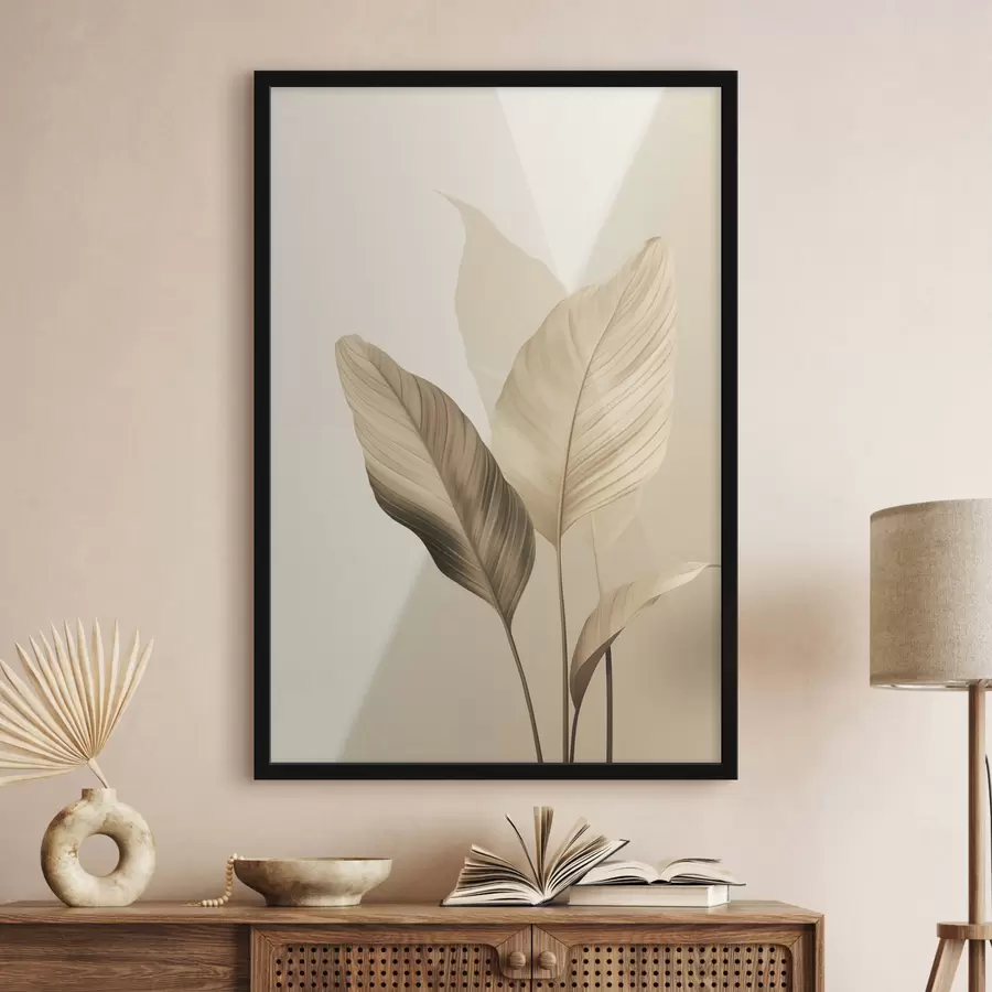 fototapet Frunze tropicale mari, în nuanțe de bej și maro, pe un fundal deschis f48726