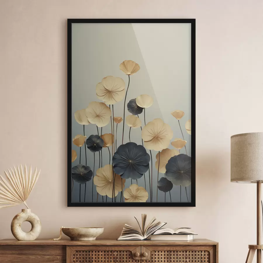 fototapet Frunze de nufăr pe un fundal discret, în nuanțe de bej și albastru închis f48734