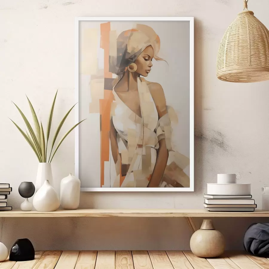 fototapet Portret abstract al unei femei cu forme portocalii și bej f48735