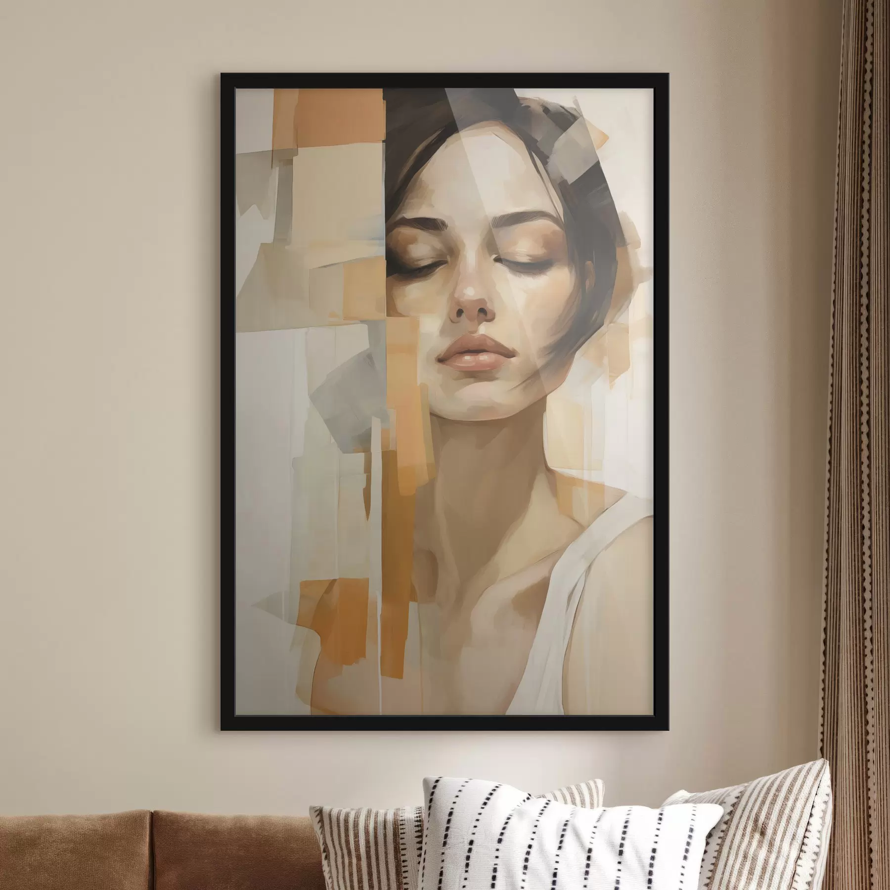fototapet Portret abstract al unei femei cu forme portocalii și bej f48736