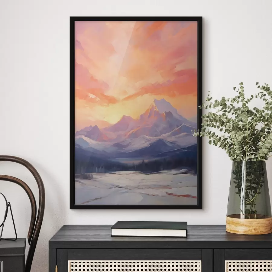 fototapet Munți acoperiți de zăpadă sub un cer plin de nuanțe vibrante de portocaliu și roz, presărat cu nori f48741