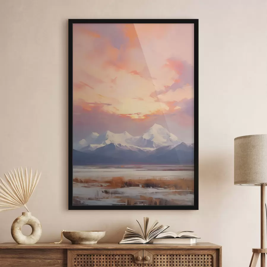 fototapet Munți acoperiți de zăpadă sub un cer plin de nuanțe vibrante de portocaliu și roz, presărat cu nori f48742