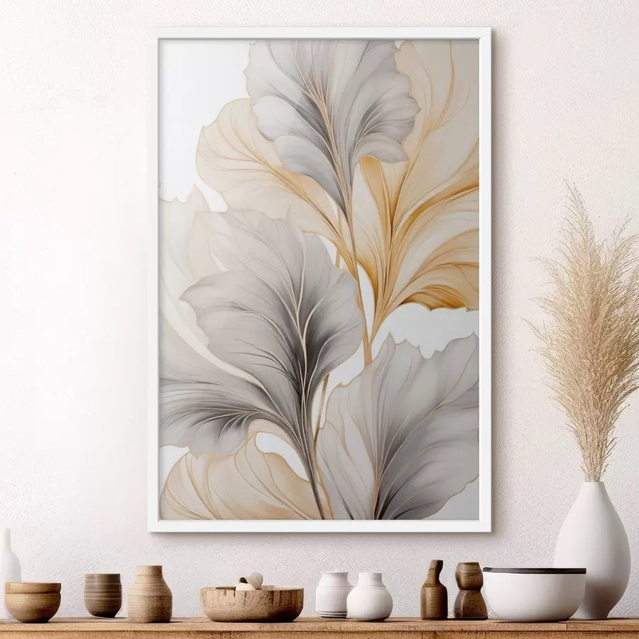 fototapet Frunze mari, translucide, în nuanțe de gri și galben f48745