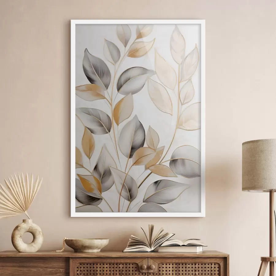 fototapet Frunze mari, translucide, în nuanțe de gri și galben f48746